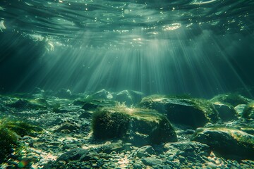 Obraz premium Underwater scene with sunlight streaming through, illuminating rocks and aquatic plants.