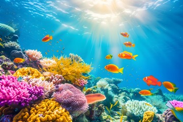 Obraz premium Colorful coral reef teeming with vibrant fish under the sunlit sea, showcasing marine biodiversity.