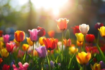 Obraz premium Vibrant tulips in full bloom basking in the golden sunlight of a serene spring morning.