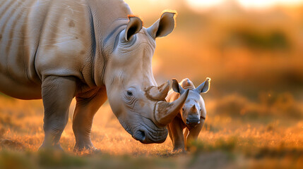 Fototapeta premium White Rhino Mother and Calf in African Sunset