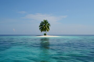 Isolated tropical island with palm tree in crystal-clear turquoise waters under a clear blue sky