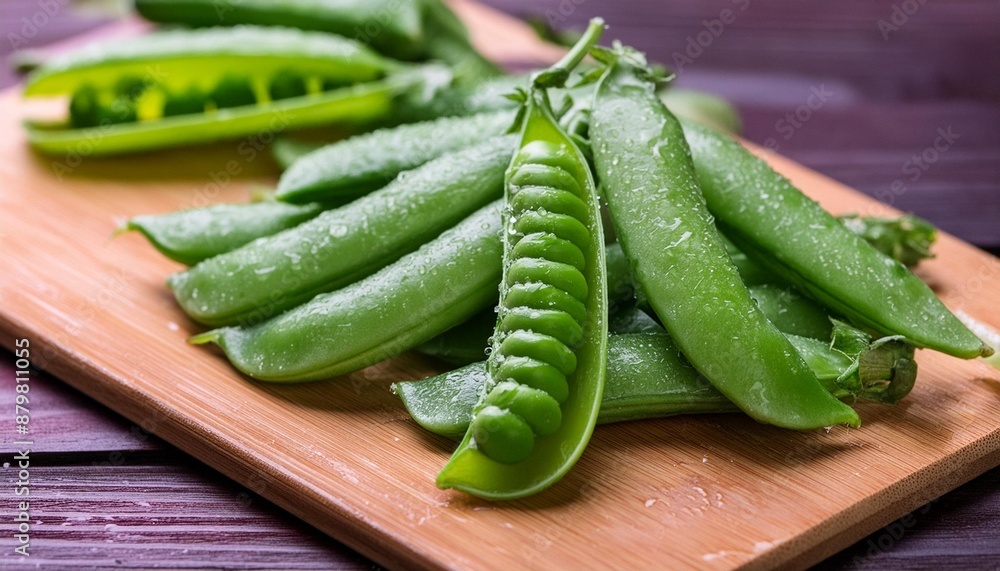 Canvas Prints macro shot of green sugar snap peas on wooden board green pea beans vegetables close up food photogr