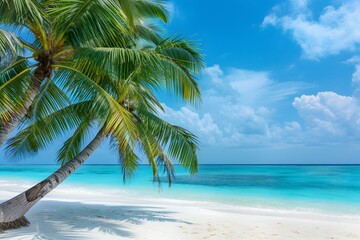 Serene tropical beach with palm trees, crystal-clear turquoise waters, and vibrant blue skies.