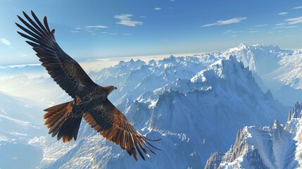 Eagle soaring over snowy mountains. Majestic eagle flying above a breathtaking view of snow-capped mountain peaks.