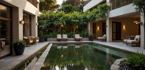 A tranquil courtyard garden tucked away within the hotel grounds, offering guests a serene oasis away from the hustle and bustle of the city. Concept of natural beauty and relaxation