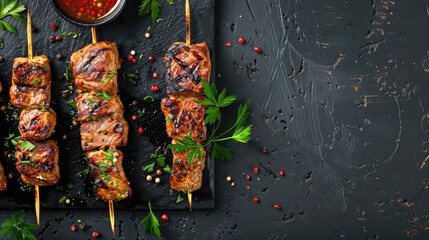 Grilled meat skewers with seasonings on black stone surface From above with space for text