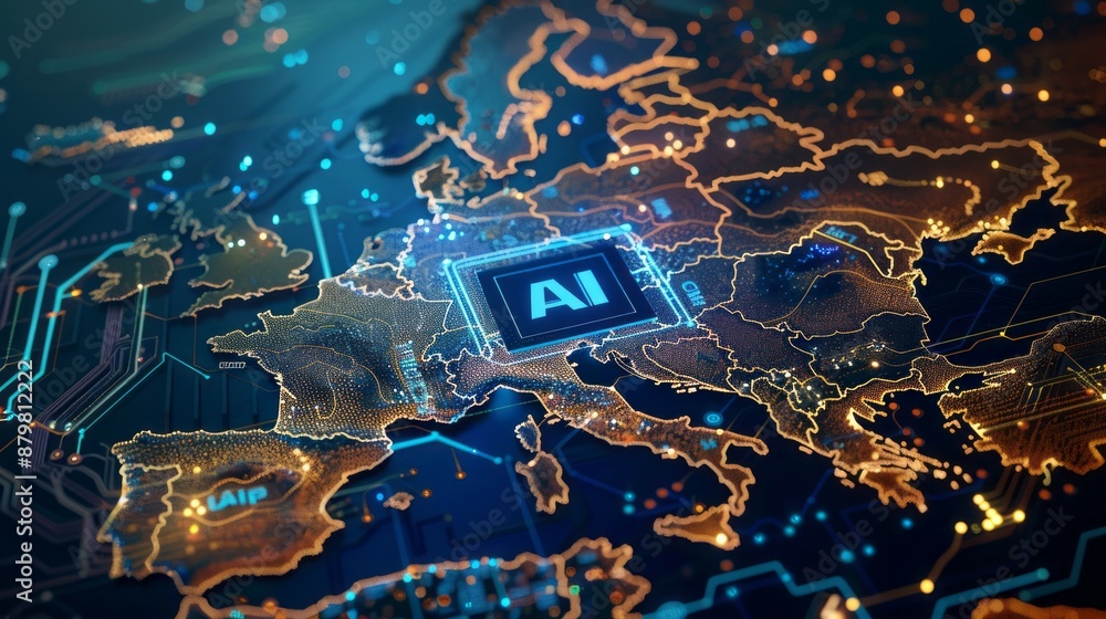 Aufkleber europe ai technology map. digital map of europe with ai symbol showing the impact of artificial inte