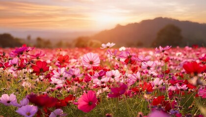 landscape nature background of beautiful pink and red cosmos flower field with sunset vintage color tone