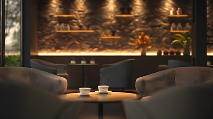 Softly lit cafe  with comfortable armchairs and coffee cups