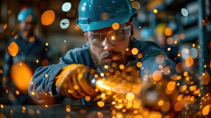 An industrial setting with a worker grinding metal, creating a vibrant display of sparks. Protective gear and tools underscore the scene's energy and craftsmanship.