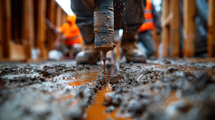 A construction worker operates a heavy-duty drill on a muddy construction site, demonstrating the strength, endurance, and determination required in tough working conditions.