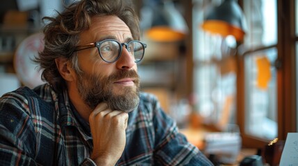 Fototapeta premium A reflective man with gray hair and beard, wearing glasses and casual clothing, resting his hand on his chin in a cozy, creatively-lit room with a warm atmosphere.