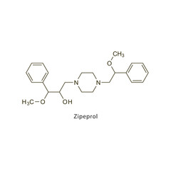 Zipeprol flat skeletal molecular structure Antitussive drug used in cough treatment. Vector illustration scientific diagram.