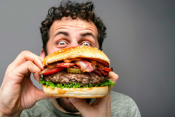 Young man eating a large burger, enjoying fast food