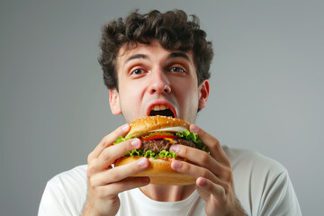 Young man eating a large burger, enjoying fast food