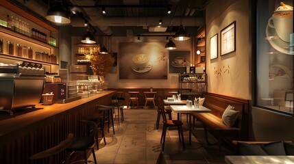 Warm and inviting coffee shop with soft lighting