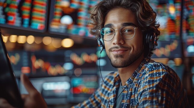 A young man with glasses and headphones looks content while working in a data center filled with vibrant screens and modern technology, symbolizing tech proficiency.
