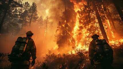 Naklejka premium Powerful depiction of a firefighter amid a dense, fiery forest, where flames tower high, showcasing the relentless battle against nature’s fury and sheer determination.