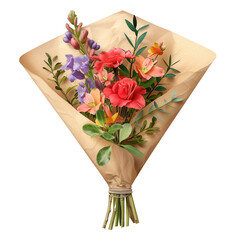 A vibrant bouquet of pink, purple, and orange flowers wrapped in brown paper.  The flowers are tied with a string of green leaves.