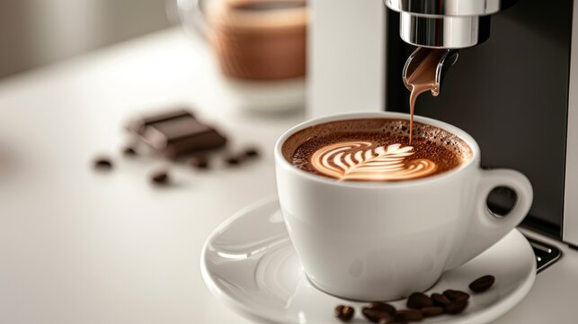 A quiet corner in a cafe with a state-of-the-art coffee machine and a comforting cup of hot chocolate, focus cover all object