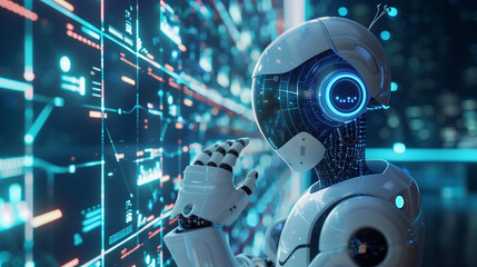 futuristic robot analyzing data on digital screens, representing AI in advanced business operations and technology use cases
