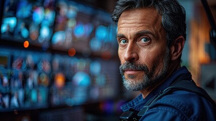 An engineer with a beard and blue shirt intently watches multiple screens at a control station, with colorful lights and blurred background creating a high-tech atmosphere.