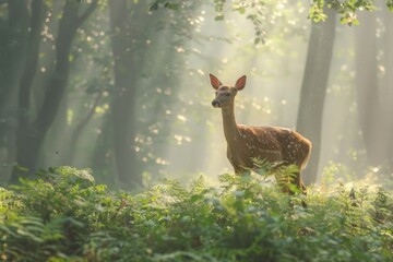 A deer is standing in a forest with sunlight shining through the trees