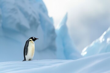 Fototapeta premium A penguin stands on a snowy surface, looking out over a frozen landscape