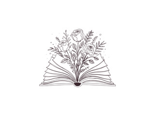 stack of books with flowers, line art, cup of coffee