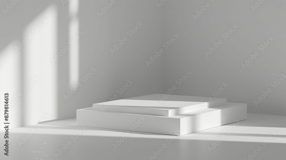 Poster minimalist white platform sunlight. white product display platform in minimalist setting with sunlig
