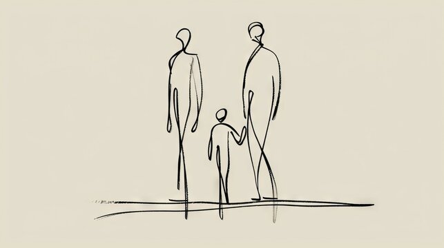 Minimalist family line art illustration. Simple line drawing of a family walking together, symbolizing unity and love.