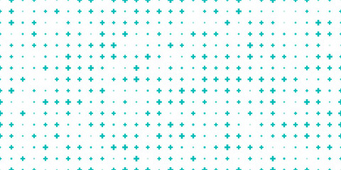 Teal blue medical seamless pattern. Math texture with uneven plus symbols on white bg. Cross shape pixel texture. Simple vector background