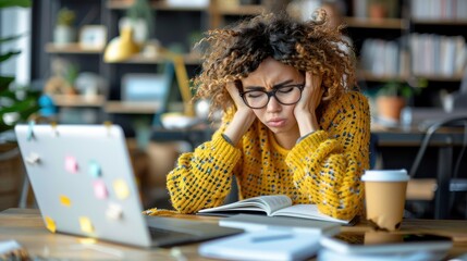 A student with curly hair is deeply focused and engaged in a study session at a desk, surrounded by books and a laptop, symbolizing dedication to education.