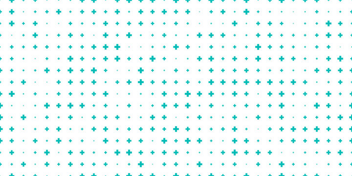 Teal blue medical seamless pattern. Math texture with uneven plus symbols on white bg. Cross shape pixel texture. Simple vector background