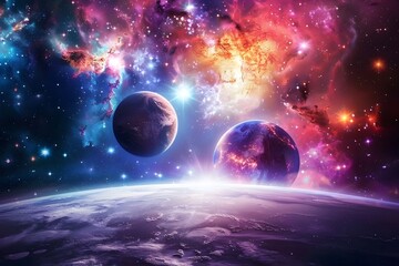 A breathtaking view of a colorful cosmic nebula with two planets and a starry expanse.