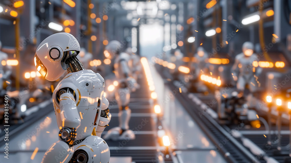 Poster robots in a high tech factory assembly line, orange lights, performing automated tasks with precisio