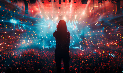 A female musician performs on stage in front of a large audience at a concert