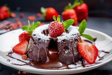 Decadent chocolate lava cake with cream strawberry and cake crumbs Hot chocolate dessert with molten center chocolate fondant recipe
