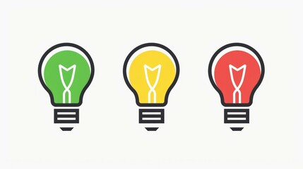 Green, yellow, red light bulbs icon set. Simple, flat design light bulbs in green, yellow, and red. Perfect for ideas, solutions, and choices.