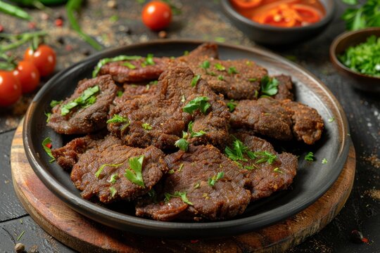 Deep fried beef liver and shrimps coated in bran or flour and fried in hot oil