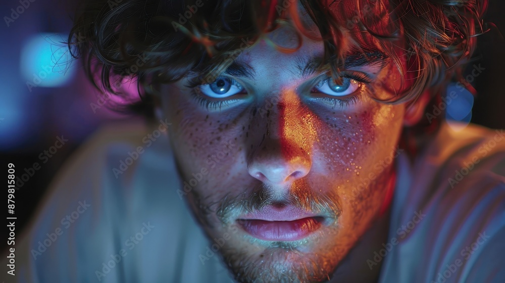 Poster a scene portraying a dynamic environment with intense colorful lighting effects and vibrant blurred 