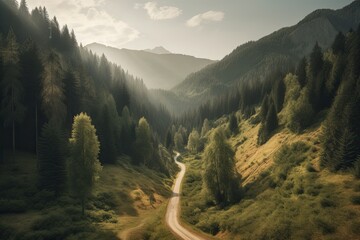 Obraz premium Beautiful place with green scenery, mountain, tree, sky, road, cloud.AI generated image. 