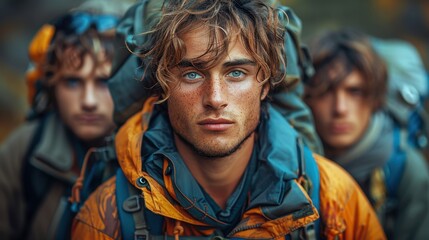 Obraz premium A young man in an orange jacket and backpack leads a group through the wilderness, demonstrating determination, teamwork, and the rugged beauty of outdoor adventures.