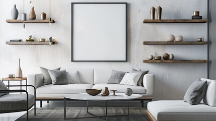 A contemporary living room with an abstract frame poster, a minimalist sofa, a chic coffee table, and floating shelves with decorative items.