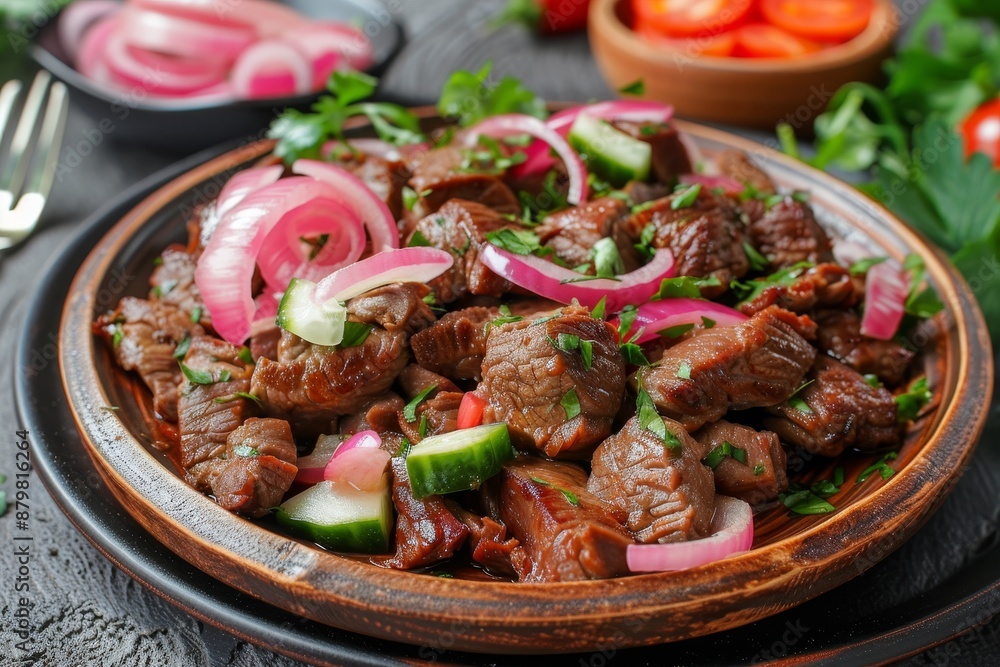 Poster delicious dish of fried liver with tomato sauce and pickled vegetables