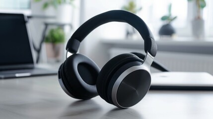 Wireless headphones on desk. Modern wireless headphones rest on a desk, near a laptop, ready for listening.