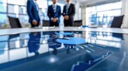 Business meeting with executives discussing financial data and analytics at a modern corporate office. Focus on a digital graph on the table.
