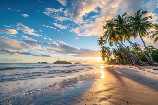 A beautiful beach with palm trees and a sunset in the background