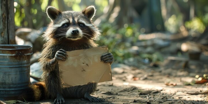 A melancholic raccoon holding a blank cardboard sign, sitting by a trash can in a city park.