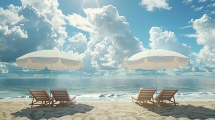 Obraz premium sunbeds and umbrellas on the beach with sunny clouds